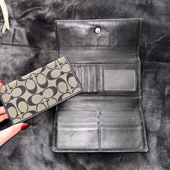 black canvas and leather coach wallet with leather check book - Picture 3 of 4